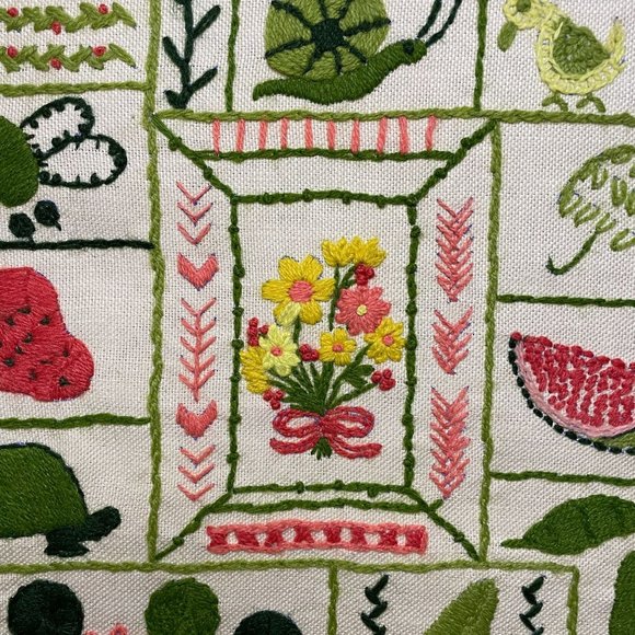 Vintage 1970s Crewel Embroidery Framed Pink Green Whimsical Nature Needlepoint - Picture 5 of 8